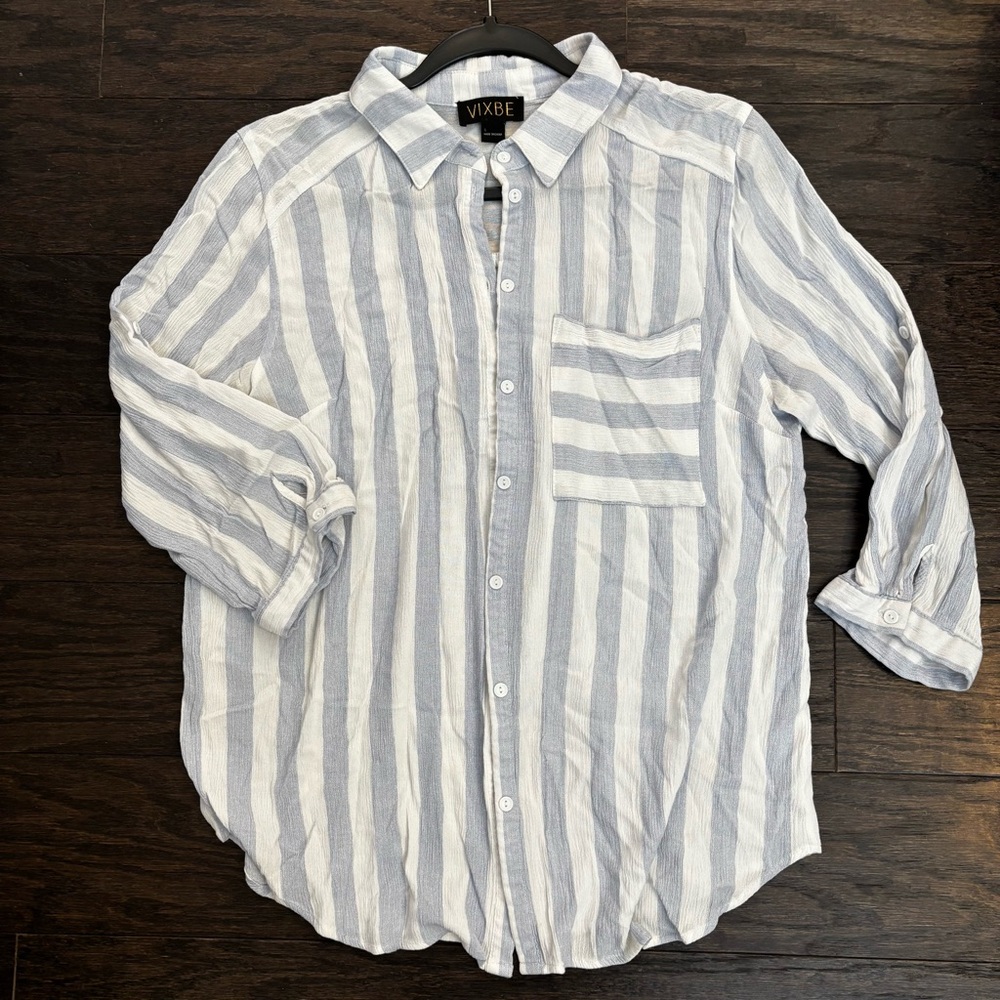 VIXBE Women's Striped Button Down Shirt - Blue and White